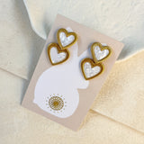 PEARLY DOUBLE HEART EARRINGS - GOLD