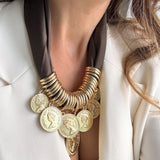 ELIZABETH COIN SCARF NECKLACE- BROWN