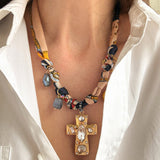DIAMANTE CROSS BANDANA NECKLACE- NAVY