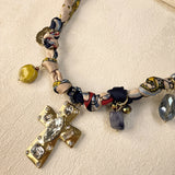 DIAMANTE CROSS BANDANA NECKLACE- NAVY